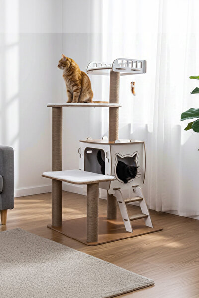 Patihomes بيت قطط متعدد الطوابق مع سرير كبير الحجم باللون البيج