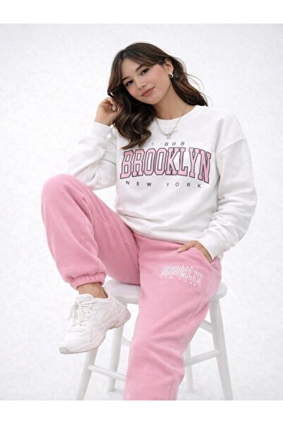 EXPECTED Set de trening pentru femei, roz, cu gât tip crewneck, cu imprimeu B...