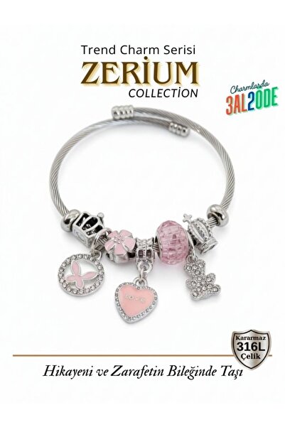 ZERİUM Modern Steel Stylish Women's Charm Bracelet Pink Heart and Butterfly