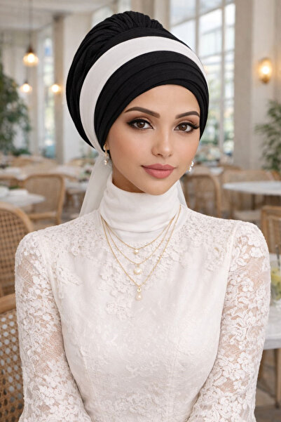 Aişe tesettür Bonetă neagră plisată cu eșarfă