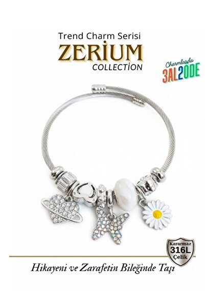ZERİUM Modern Çelik Şık Kadın Charm Bileklik Beyaz Kelebek Kalp ve Papatya