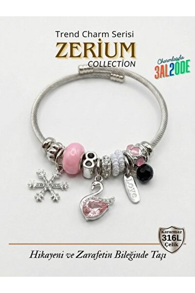 ZERİUM Modern Çelik Şık Kadın Charm Bileklik Kış Kuğu Masalı