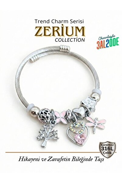 ZERİUM Modern Çelik Şık Yeni Nesil Tasarım Charm Bileklik Ağaç ve Kalp