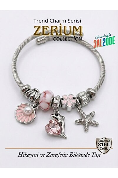 ZERİUM Modern Çelik Şık Kadın Charm Bileklik Yunus Balığı ve İstiridye
