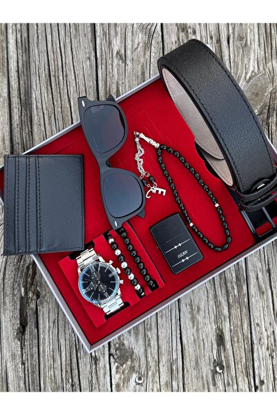 DEEPWELL Siyah Erkek Kol Saati Kemer Kartlık Çakmak Gözlük Tespih Bileklik Se...