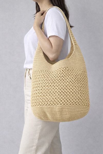 Mom'sMiracles Hasır Çanta Bej Rengi Hasır Çanta Örme Omuz Çantası