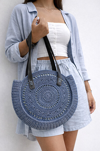 Mom'sMiracles Hasır Çanta, Yuvarlak Çanta, Mavi Yuvarlak Hasır Çanta, Örgü Ça...