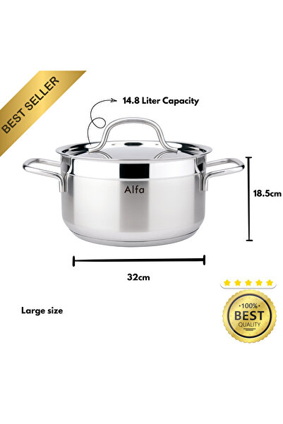 Alfa كسرولة 32×18.5 سم - سعة 14.8 لتر - ستانلس ستيل 18/10 كروم-نيكل - فضي