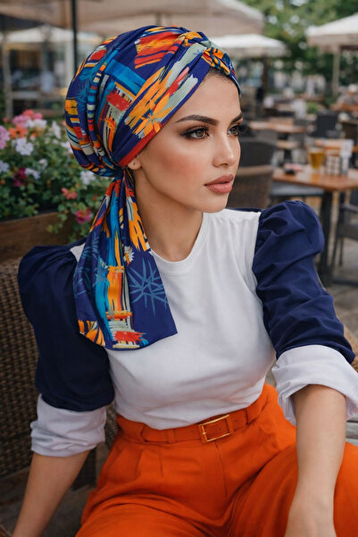 Aişe tesettür Eșarfă cu șnur, albastru marin, acuarelă, tip bonetă