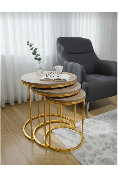 Nokta Sehpa Home Altın Metal çam tabla 3lü Zigon C Sehpa