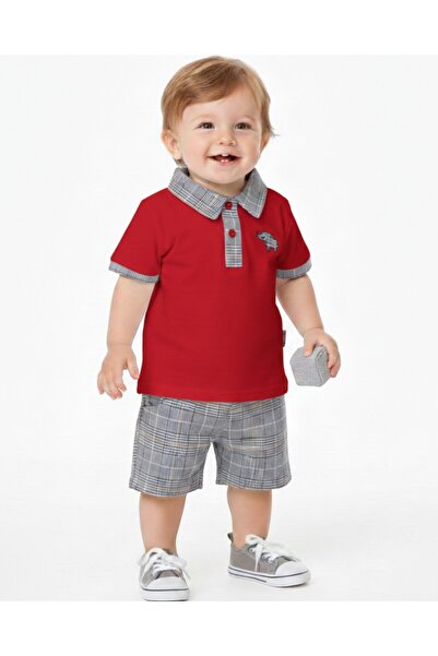 Ege Bebek Baby Boy Polo Collar Elephant Embroidered Plaid Shorts Summer 6-9-1...