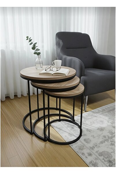 Nokta Sehpa Home Siyah Metal çam tabla 3lü Zigon C Sehpa