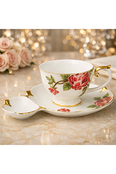 esdekor New Bone China Kabartma Güllü Çay Fincanı ve Tabağı Tekli - Suni Kemi...