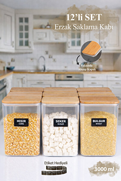 naturelove 12 Lİ Ahşap Vakumlu Kapaklı Akrilik Erzak Saklama Kavanozu Saklama...