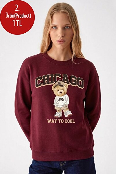 COMBİNE MİCHAİL Kadın Chiacago Ayı Baskılı Bordo Sweatshirt