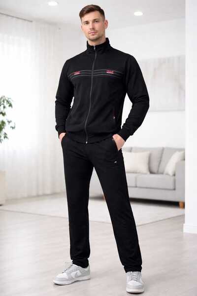 wera Siyah İki iplik kompakt penye göğüste nakış detaylı erkek eşofman takımı