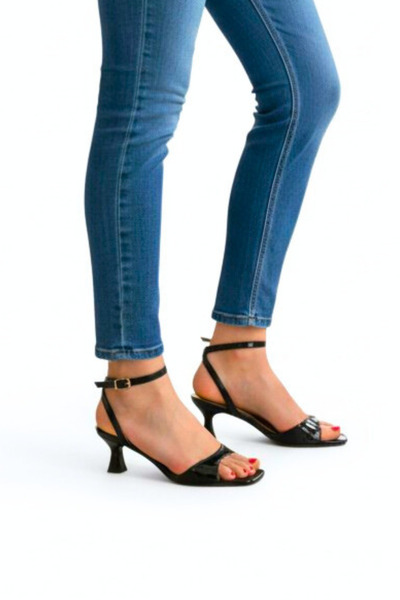 Long Star Дамски сандали с висок ток – черни от лакирана кожа, с тънък ток, у...