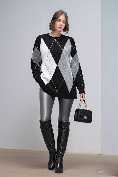 MAMAYAGA Women's Long Sleeve Diamond Pattern Crew Neck Tunic Oversized Knitwe...