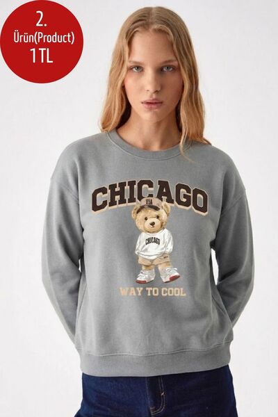 COMBİNE MİCHAİL Women's Chiacago Bear Printed Gray Sweatshirt
