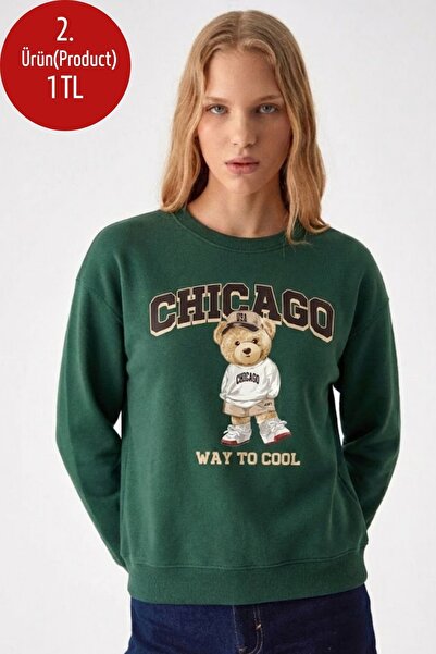 COMBİNE MİCHAİL Women's Chiacago Bear Print Red Green Sweatshirt