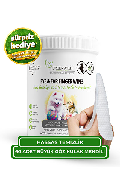 Göz Kulak Çene Pati Büyük Boy Parmak Mendil 60 Adet | Kir Giderici | Kedi Köpek | Nano Gümüş Içermez