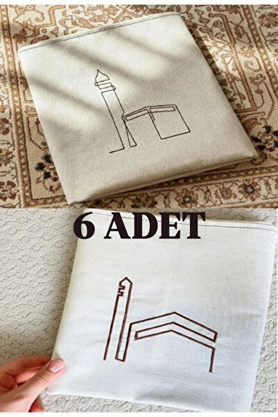 mihriban 6'lı Set Minimal Nakış Işlemeli Keten Seccade Namazlık-Çeyizlik Bohç...