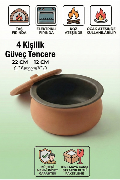 HerşeyTopraktan Toprak Güveç Küçük Boy 3-4 Kişilik Güveç Kapağı Hediyeli