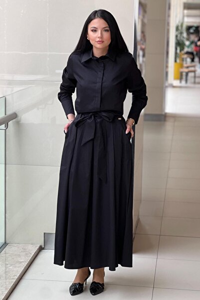 MISS DALIDA Missdalida Gizli Pat Poplin Gömlek Beli Kuşaklı Rahat Kesim Etekl...