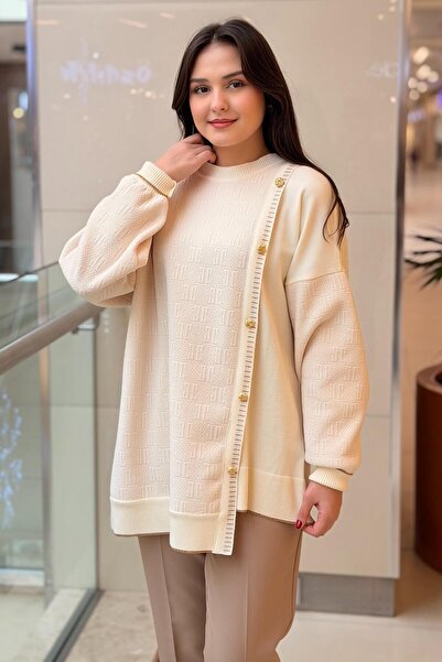 Ghisa Asymmetrical Button Detailed Patterned Knitwear Tunic