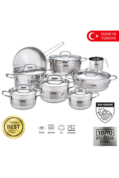 Alfa طقم أواني طهي من الفولاذ المقاوم للصدأ، ١٤ قطعة - قدر حليب، مقلاة، وأوان...