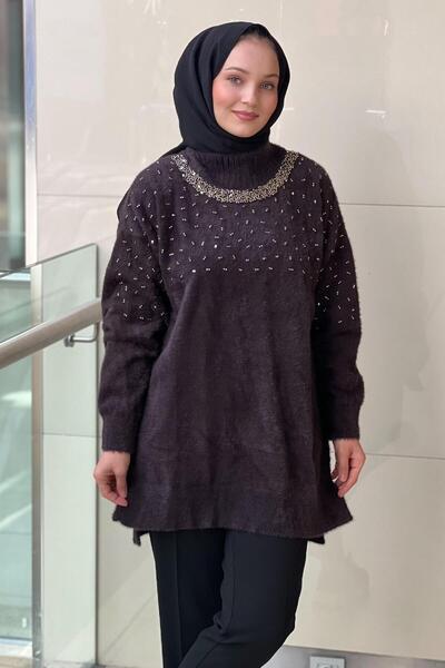 Nuss Sıfır Yaka Serpme Boncuk İşlemeli Angora Tunik