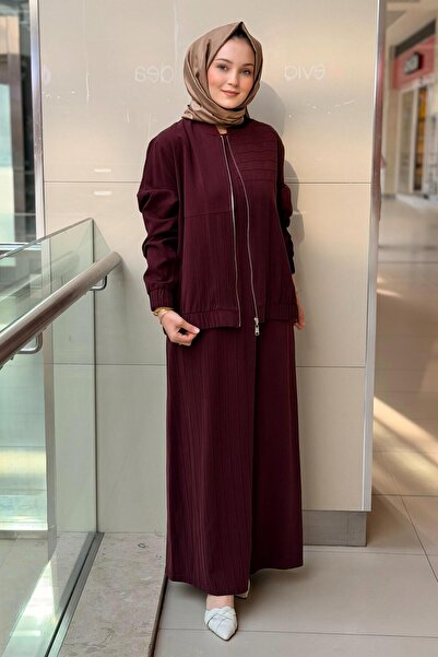 Nuss Nervür Desenli Bomber Ceket Kolsuz Elbise İkili Takım