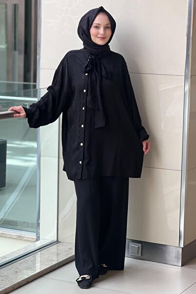 Ghisa Yakası Fularlı Şal Desenli Gömlek Pantolon Takım