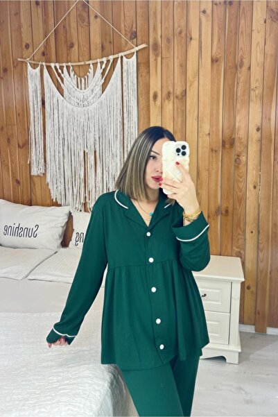 ByGamzeArman Zümrüt Yeşili Renk Pamuk Kumaş Geniş Kalıp Hamile Lohusa Pijama ...