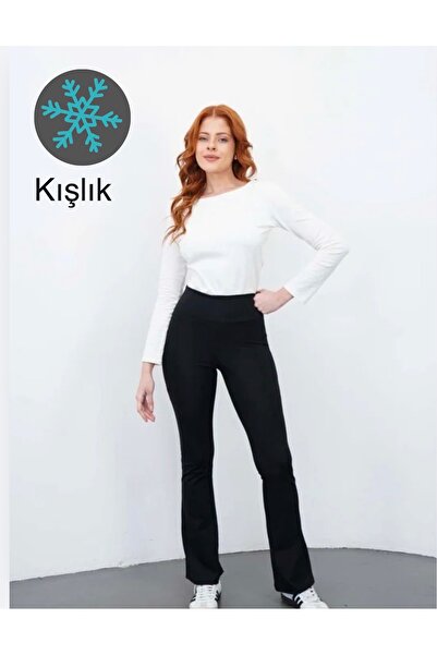 glanour Kadın Siyah Esnek Likralı Yüksek Bel Toparlayıcı Ispanyol Paça Tayt P...