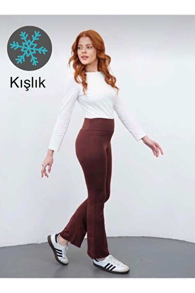 glanour Kadın Kahverengi Esnek Likralı Yüksek Bel Toparlayıcı Ispanyol Paça T...