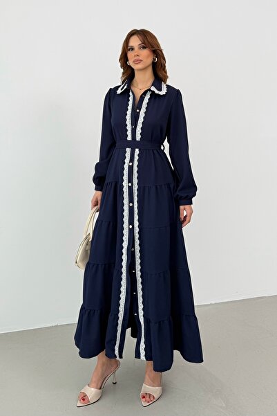 BEJNA Women's Lace Detailed Maxi Shirt Dress