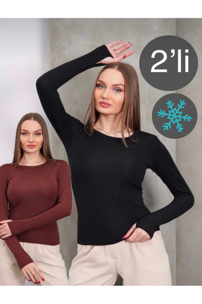 glanour Women's Black Brown Crew Neck Blouse with Finger Detail, Fleece Insid...