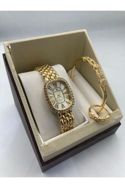 Zarif Women's gold watch set consisting of a watch, bracelet, and ring