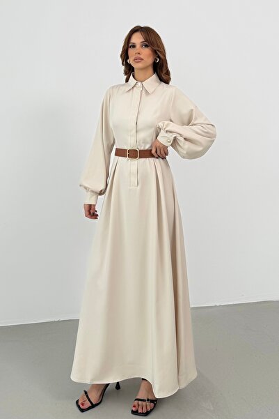 BEJNA Women's Belt Detailed Balloon Sleeve Silky Woven Dress