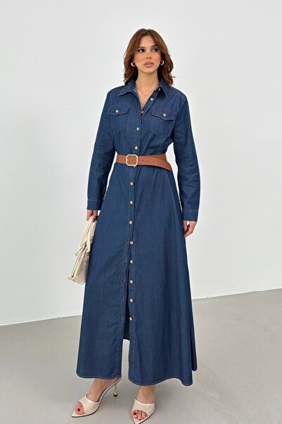 BEJNA Women's Belted Maxi Denim Shirt Dress