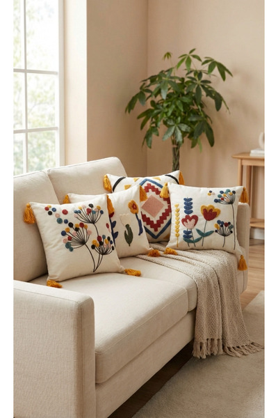 BUGİ HOME COLLECTİON 4'LÜ PUNCH İŞLEMELİ NAKIŞLI PANÇ DEKORATİF KIRLENT KILIFI