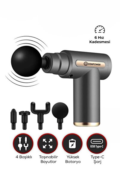 DEMPOWER Titreşimli Masaj Tabancası 4 Başlıklı Gri 19x13cm