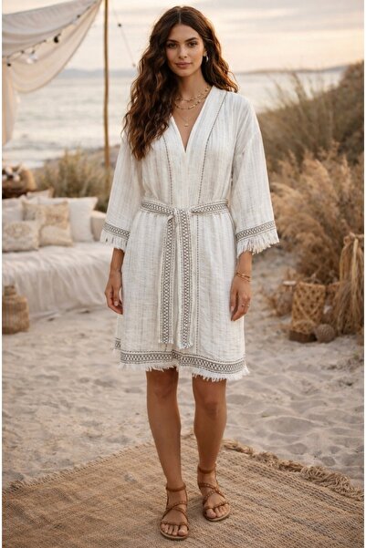 bysezerozer Handmade Embroidered Linen Kimono Handmade