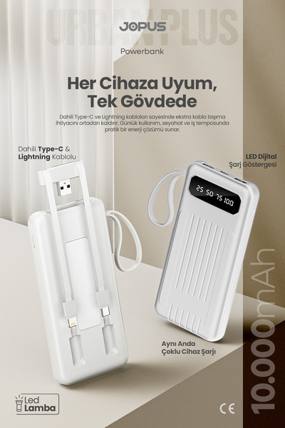 Jopus 10000mAh Powerbank Dahili Kablolu, LCD Ekranlı, LED Lambalı, Taşınabili...