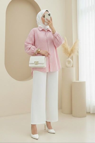 HİJABAYA çizgili Düğmeli Arkası Uzun Salaş Gömlek