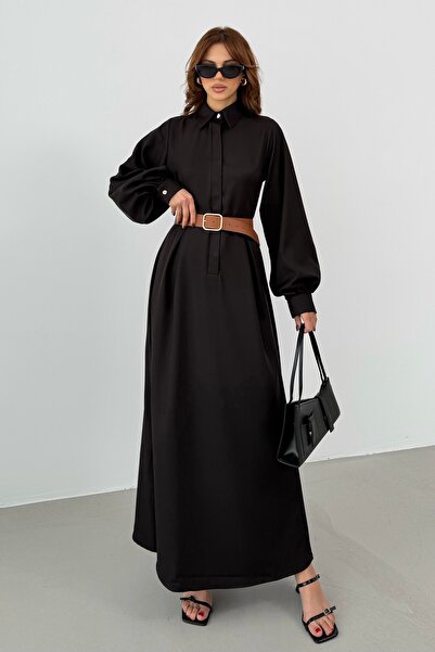 BEJNA Women's Belt Detailed Balloon Sleeve Silky Woven Dress