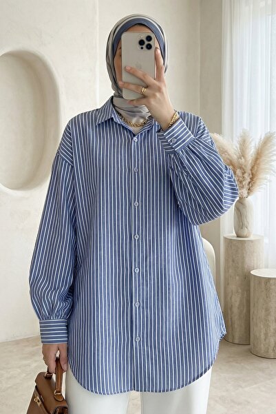 HİJABAYA Çizgili Düğmeli Arkası Uzun Salaş Gömlek