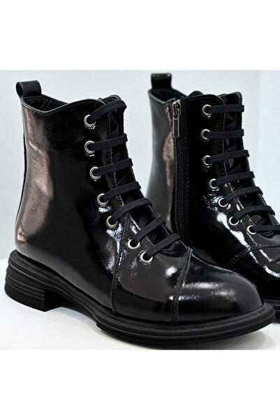 Hare Shoes Kadın Siyah Bağcıklı Fermuarlı Rugan Hakiki Deri Bot