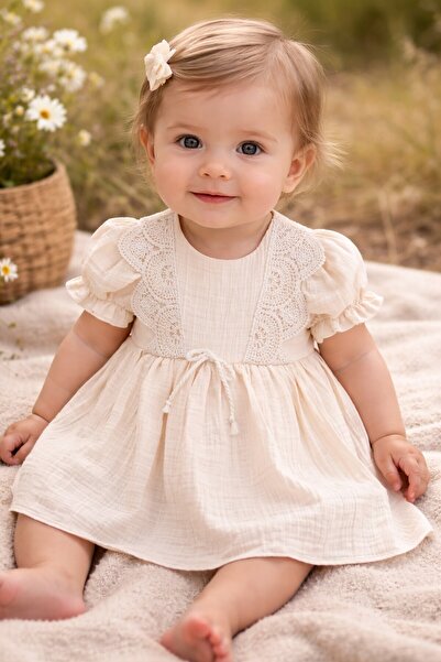Cansın Mini Cream Muslin Fabric Lace Front Baby Girl Dress 22675